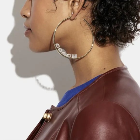 NWT COACH GOLD LOGO PAVE LARGE HOOP EARRINGS - Picture 1 of 7